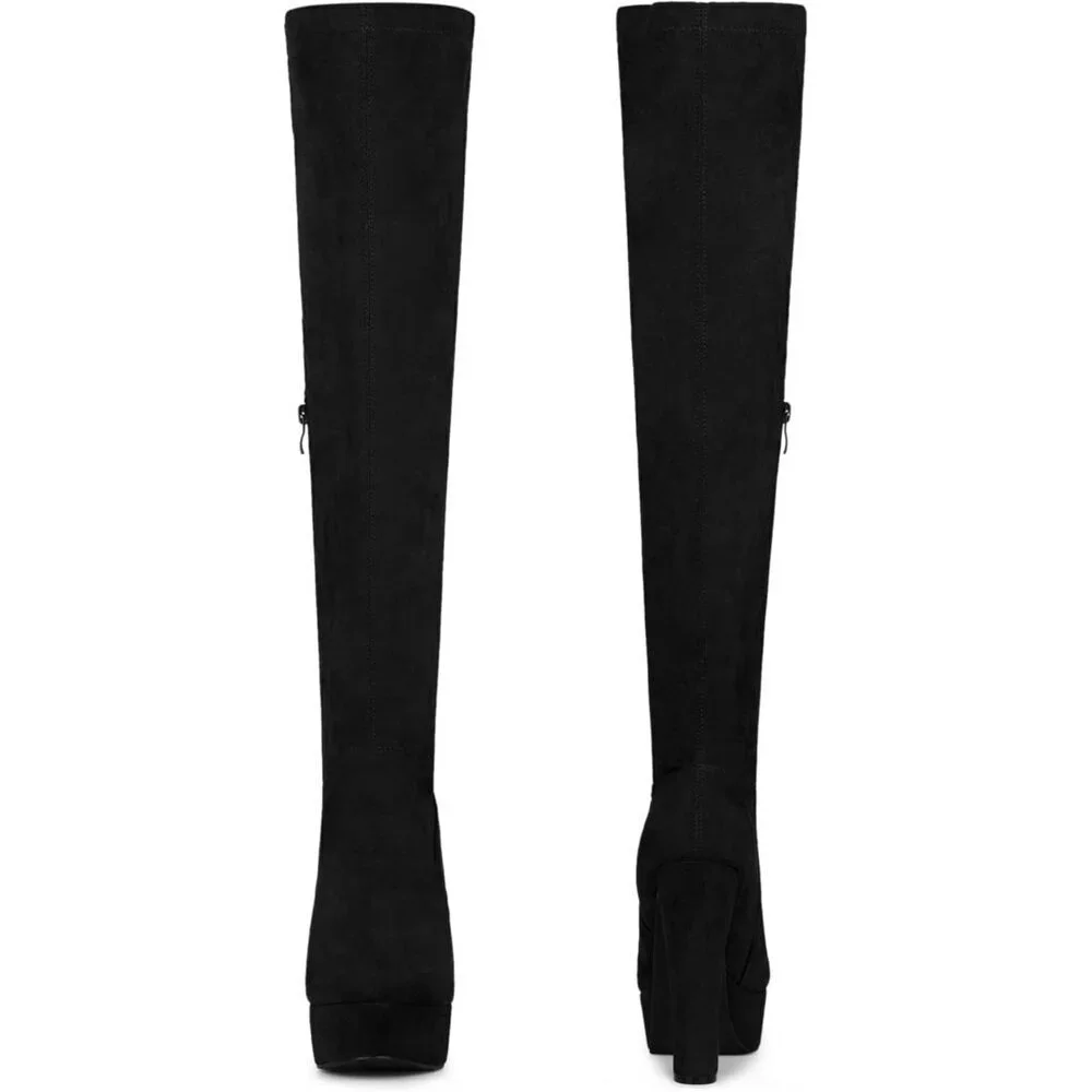 Women Black Suede Chunky Heel Rounded Toe Over the Knee Thigh High Long Boots